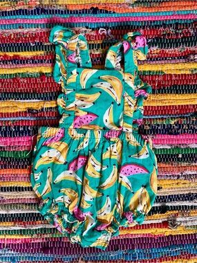 Old Navy Turquoise Banana & Watermelon Print Baby Bubble Linen Romper 12-18 MOS